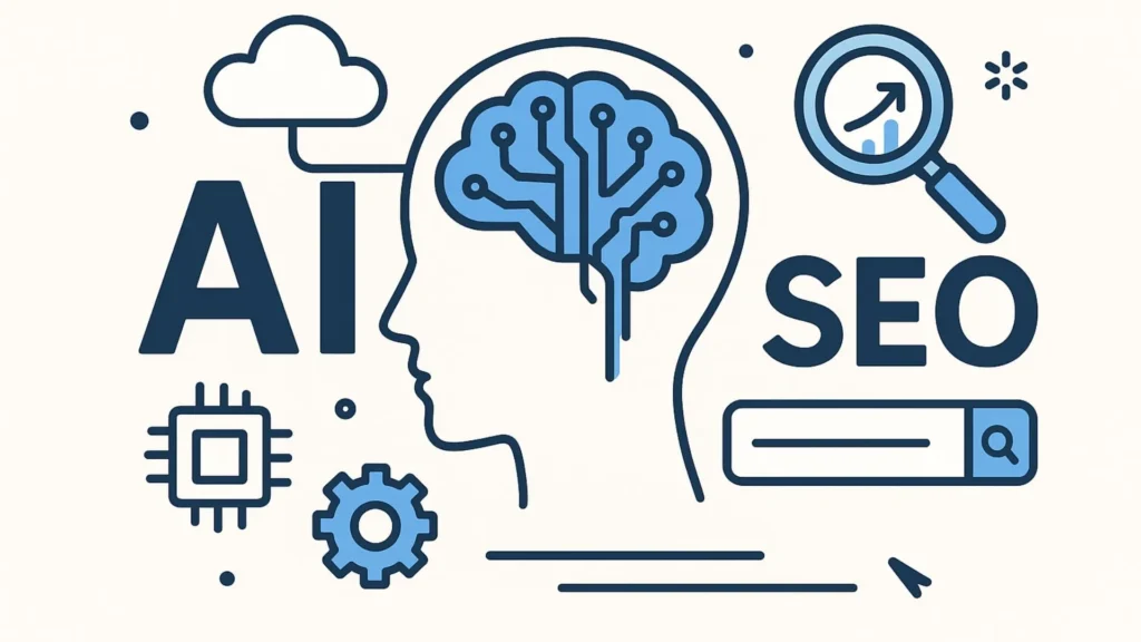 AI and SEO 1 Flat vector illustration of AI and SEO concepts with a human head silhouette, digital brain circuit, magnifying glass, gear, and search bar iconsrch Rankings