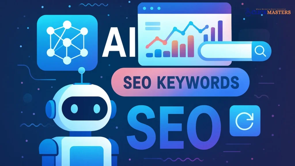 olorful digital illustration of AI SEO keywords with a robot icon, analytics chart, search bar, and network graphic symbolizing AI-powered search optimization.