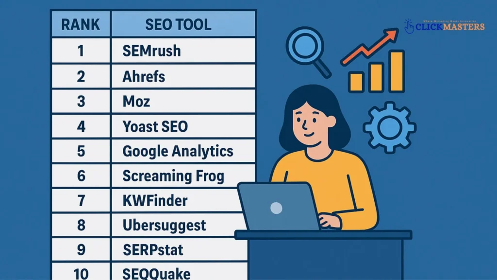 SEO Tools for Digital Marketing Infographic of top 10 SEO tools for digital marketers in 2025 with ranked list of SEMrush, Ahrefs, Moz, Yoast SEO, Google Analytics, Screaming Frog, KWFinder, Ubersuggest, SERPstat, and SEOquake.