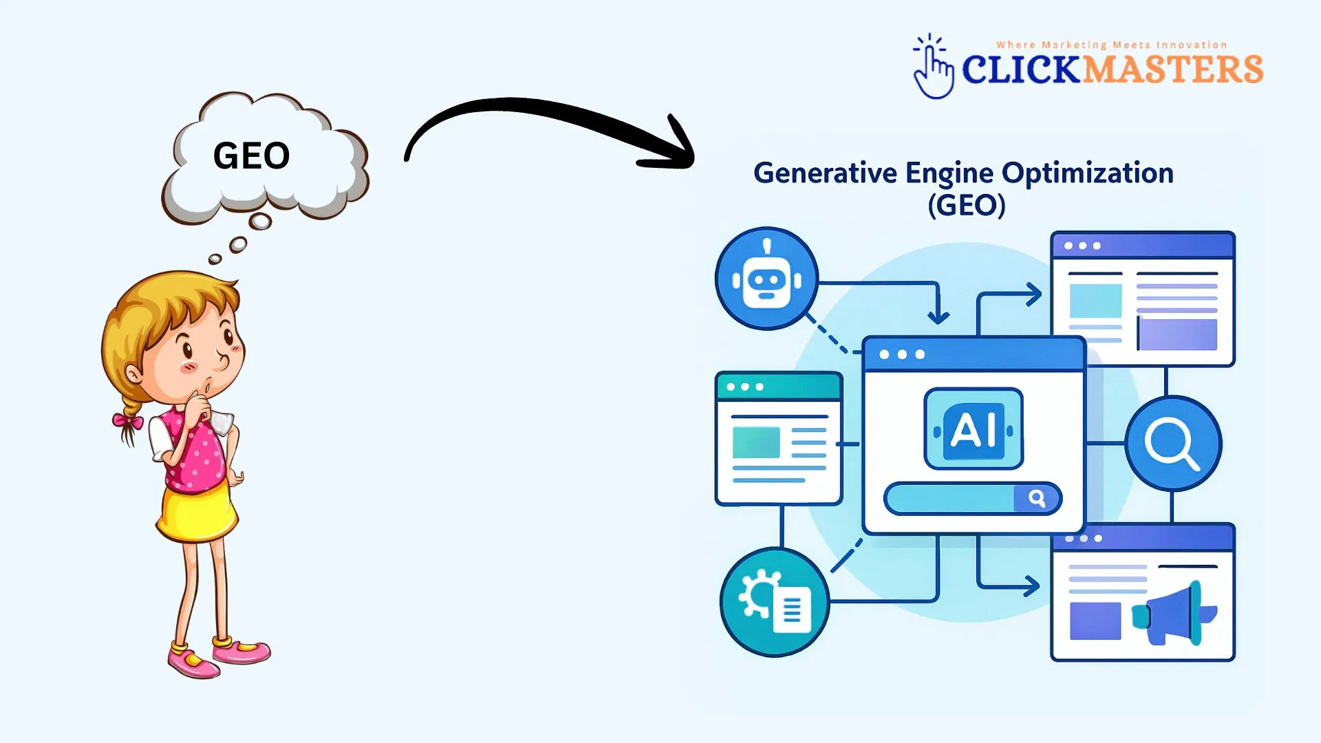 Generative Engine Optimization (GEO) concept illustration by ClickMasters showing AI, search, and content integration.
