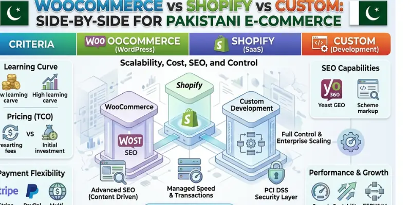 WooCommerce vs Shopify vs Custom Side by Side for Pakistani E Commerce