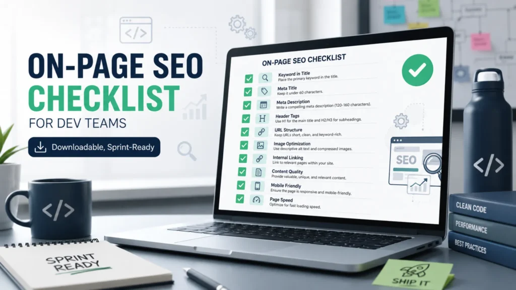 A developer-first on-page SEO checklist: 40 verifiable checks across HTML, performance, indexation, structured data, and templates your team can ship.