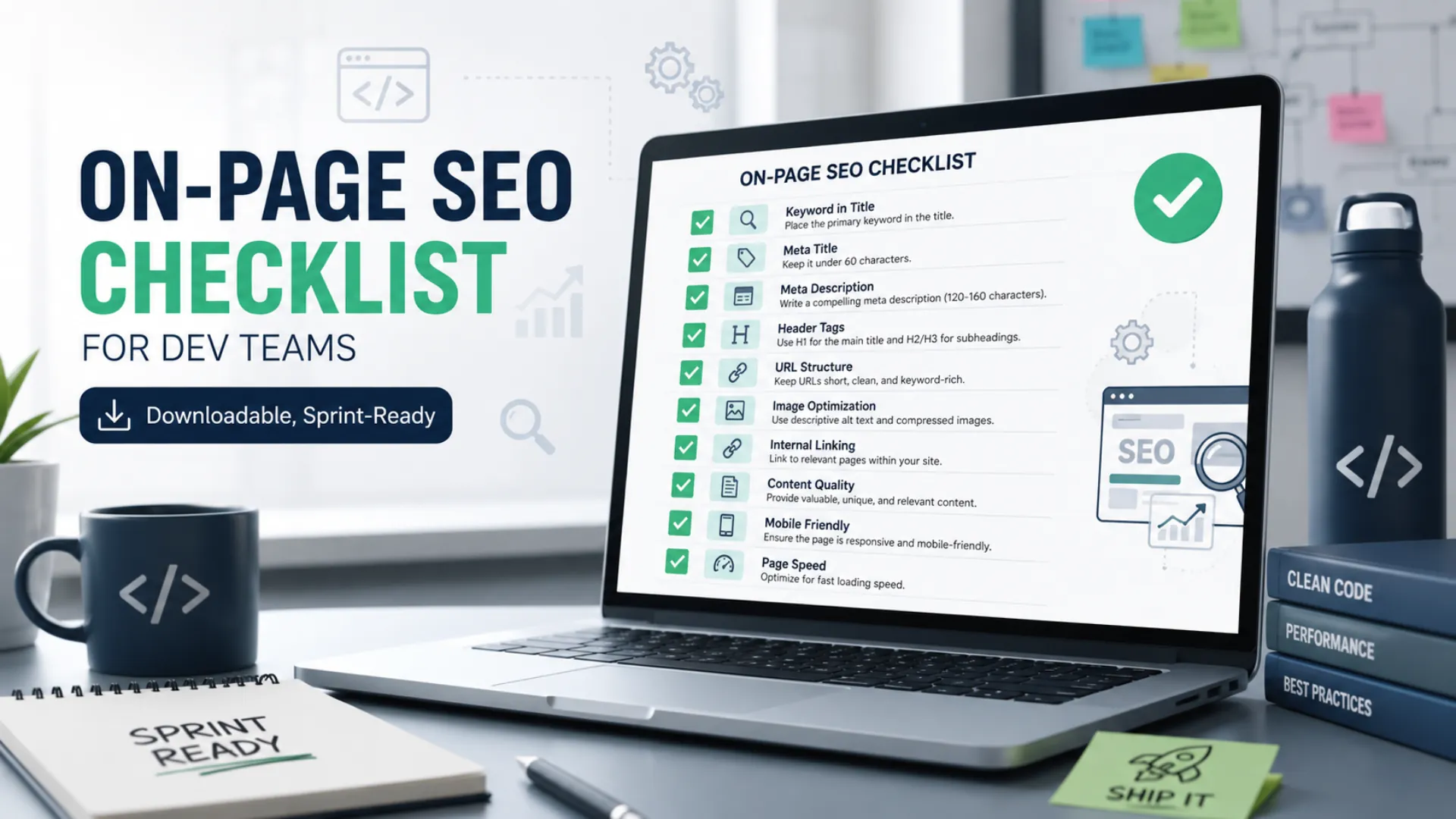 A developer-first on-page SEO checklist: 40 verifiable checks across HTML, performance, indexation, structured data, and templates your team can ship.